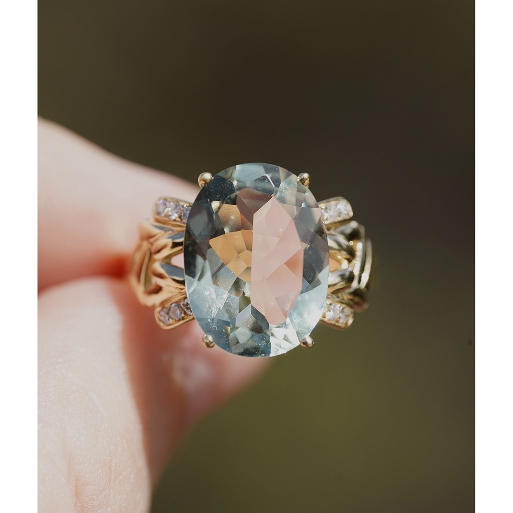 Vintage 14k Solid Yellow Gold Large Natural Aquamarine & Diamond Ring Size 9.75